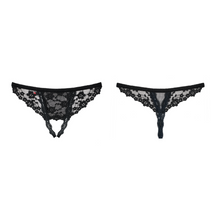 Charger l'image dans la galerie, Vente string et tanga en dentelle à motif fleurs de couleur noir transparent pour femme disponible au meilleur prix sur notre boutique de lingerie.