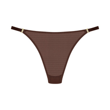 Charger l'image dans la galerie, Mini string de la collection Corps à Corps de haute qualité pour femme en tulle élastique de couleur marron et orange fluo.