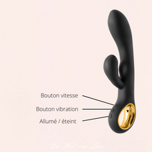 Charger l'image dans la galerie, Les trois petits boutons sur le manche du vibromasseur rabbit noir et noir sont faciles d'utilisations.