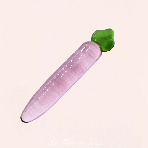 Vente de dildo en verre en forme de carotte de couleur vert et violet.