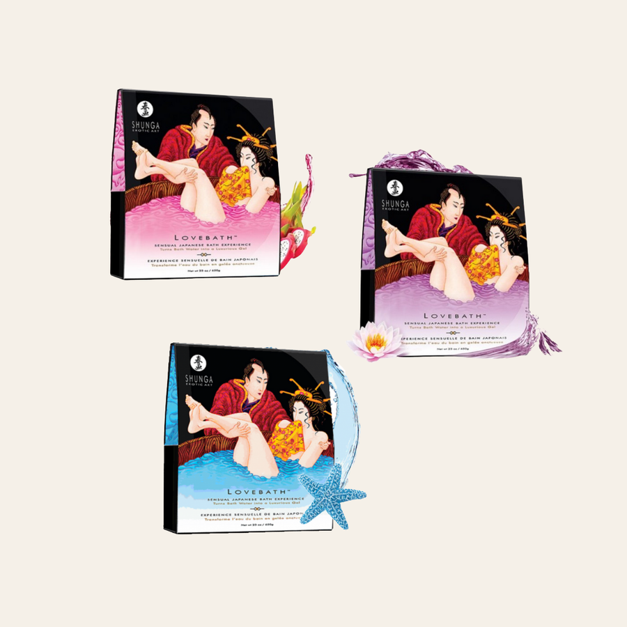 Vente de 3 parfums différents pour nos gelée de bain coloré de la marque Shunga.