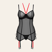 Charger l'image dans la galerie, Un jolie guêpière noire transparente pour femme de la marque Obsessive est disponible sur notre boutique en ligne en trois tailles différentes.
