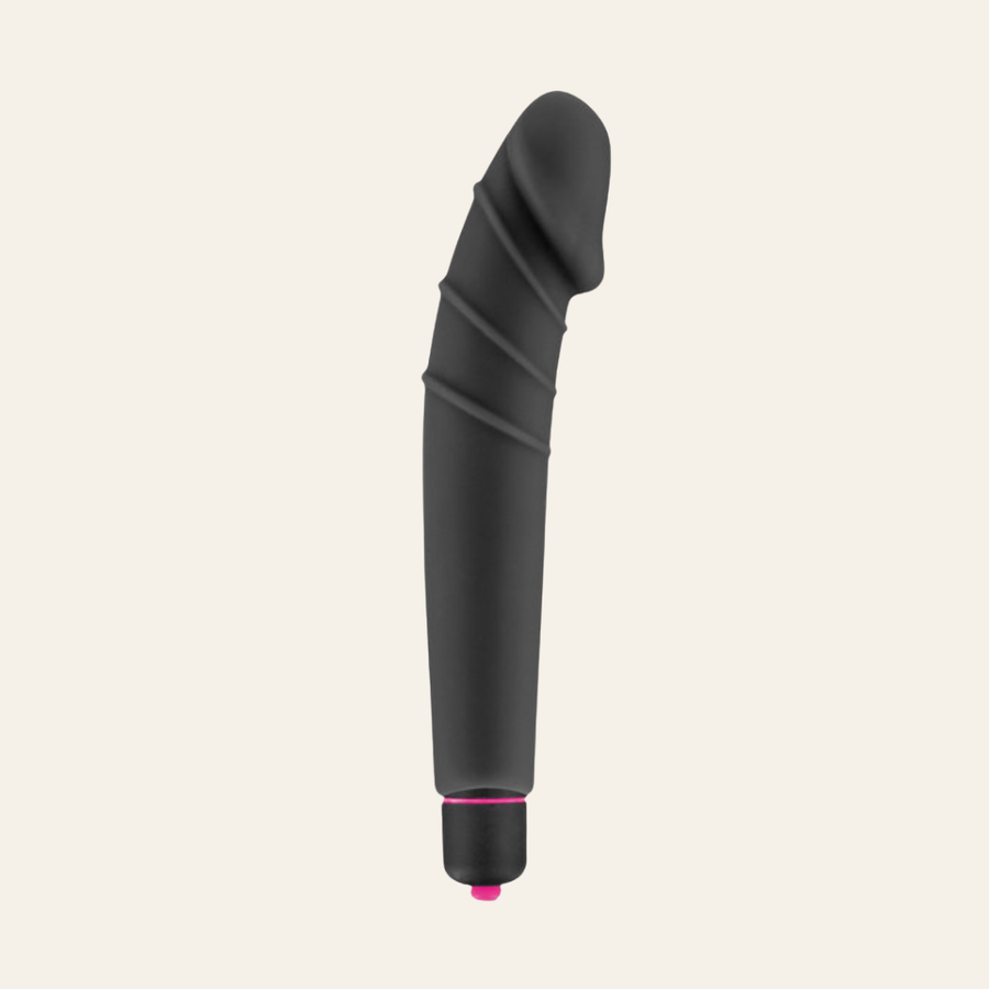 Mini vibromasseur de couleur noir et rose fin avec des stries.