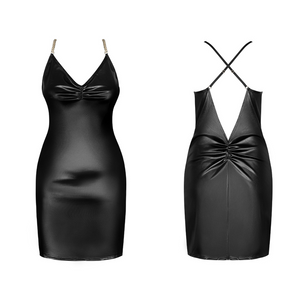 La robe courte noire simili noire de la collection Yollanda est disponible en plusieurs tailles pour femme. Disponible à la vente sur notre boutique de lingerie coquine en ligne.