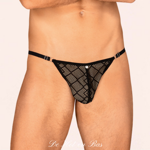 Les deux fines bretelles du string noir Severio pour homme comporte deux petits carrés por un réglables coulissant de votre sous-vêtement.