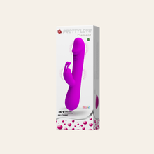 Charger l'image dans la galerie, Le vibromasseur rabbit violet Clément de la marque Pretty Love est livré dans son emballage en carton avec une pochette de rangement et la notice d'utilisation de votre jouet intime vibrant.
