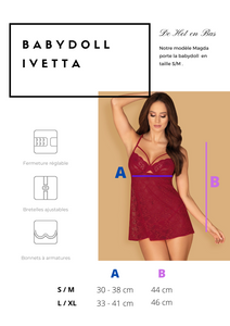 Guide des tailles pour la magnifique babydoll de la collection Ivetta de couleur rouge bordeaux pour femme disponible en taille s/m et l/xl.