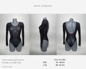 Notre body noir pailleté de la collection Barbara est disponible en taille S/M et L/XL pour vous satisfaire au maximum.