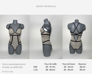 Body beige et noir de la collection Nudelia disponible en taille S/M et L/XL pour femme, en vente sur notre site en ligne www.dehotenbas.com