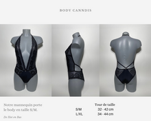 Charger l&#39;image dans la galerie, Guide des tailles du body canndis est disponible sur notre fiche produit pour connaître les dimensions de la lingerie body noir Canndis.
