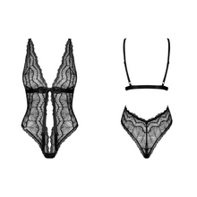 Charger l&#39;image dans la galerie, Vente lingerie body en dentelle noire transparente pour femme de la marque Obsessive, disponible sur notre loveshop en ligne au meilleur prix.
