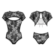 Charger l&#39;image dans la galerie, Vente lingerie body une pièce de la collection Peonesia fabriqué en dentelle douce transparente à motif floral de couleur noir. Disponible sur notre boutique de lingerie femme au meilleur prix.
