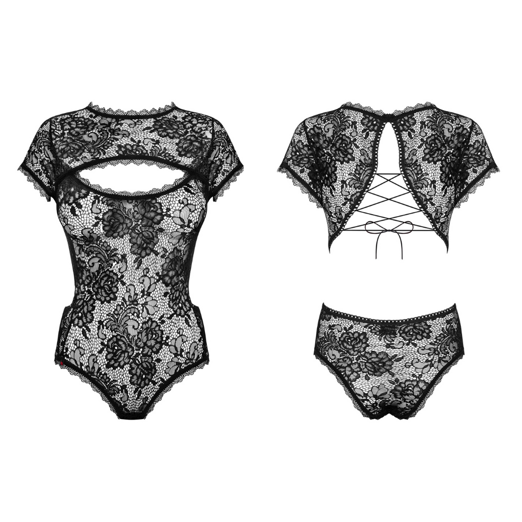 Vente lingerie body une pièce de la collection Peonesia fabriqué en dentelle douce transparente à motif floral de couleur noir. Disponible sur notre boutique de lingerie femme au meilleur prix.