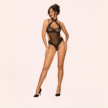 Charger l&#39;image dans la galerie, Body noir pour femme en tissu élastique avec un tour de cou sexy en dentelle douce.

