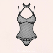 Charger l&#39;image dans la galerie, Vente de body en dentelle transparente noir pour femme disponible en taille S/M et L/XL..
