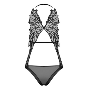 Ce body noir est composé d'ailes dans le dos en tulle transparent pour femme de la marque Obsessive.