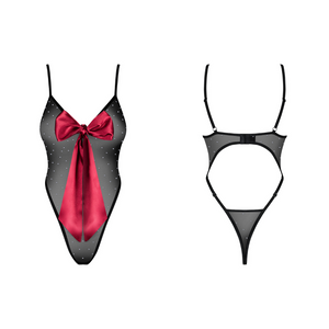 Achat body de lingerie transparent en tulle noire avec un magnifique noeud satin rouge à l'avant, disponible sur notre boutique érotique pour couple.