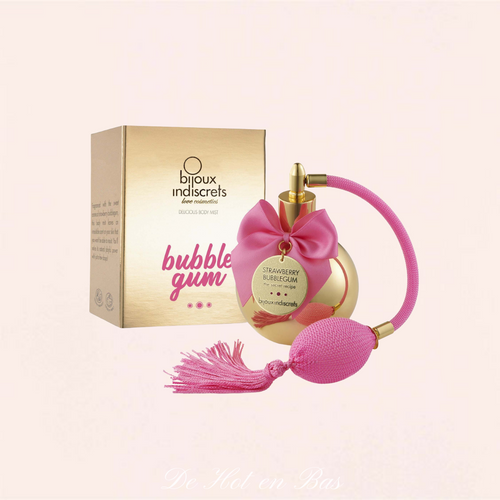 La brume corporelle est dans un pot en or et un nœud rose bonbon comme le savoureux parfum du bubble gum.