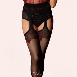 Achat bas jarretelles noir transparent fantaisie imitation jarretière noir et rouge de la collection Amour rouge disponible sur notre loveshop De Hot en Bas.