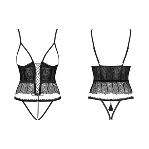 Achat ensemble de lingerie corset guêpière avec laçage deux pièces vendu avec un string fendu à l'entrejambe de la marque Obsessive.