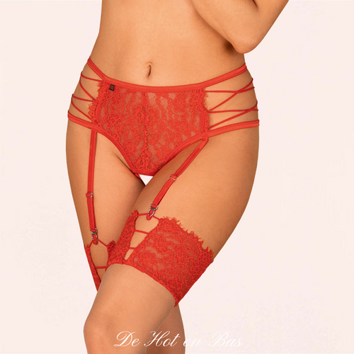 Achat de cette magnifique culotte ouverte en dentelle rouge floral avec jarretelles réglables X4 pour femme.