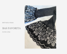 Charger l&#39;image dans la galerie, Détails de nos bas de la collection Favorita avec un insert à motif floral et de jolis pois pailleté sur les bas transparent 20 deniers noir.
