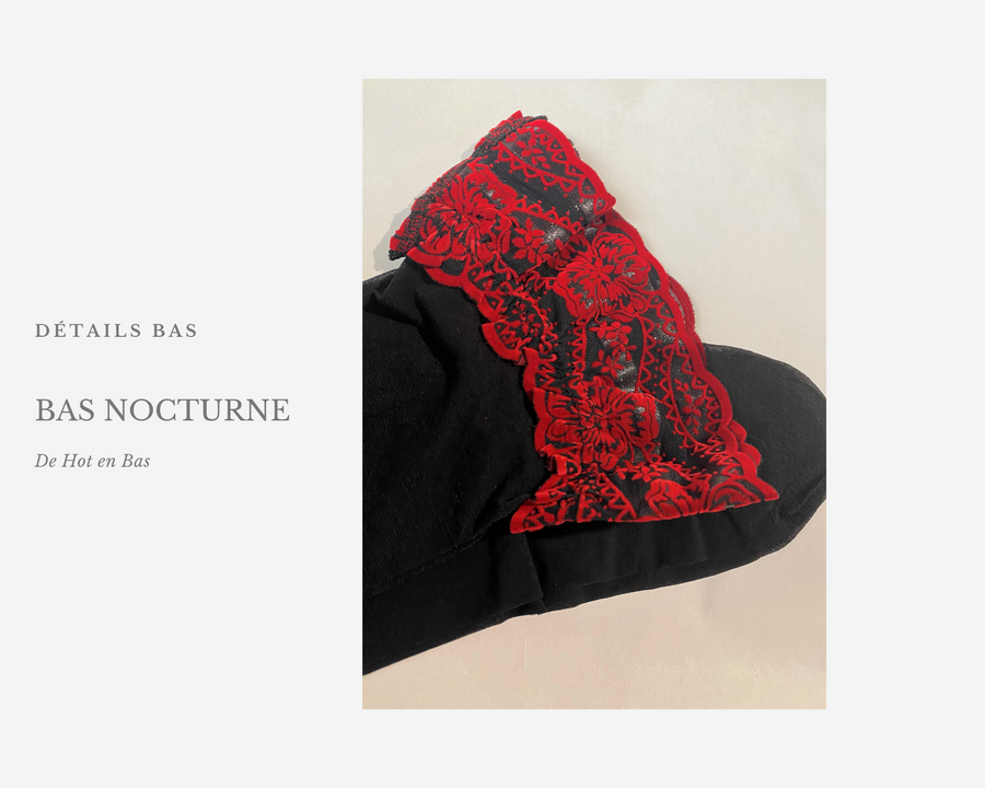 Bas autofixants de la collection Nocturne pour femme avec une douce jarretière en dentelle de couleur rouge vive.