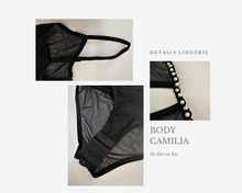 Charger l&#39;image dans la galerie, Jolies détails du body noir transparent pour femme de la collection Camilia.
