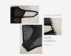 Jolies détails du body noir transparent pour femme de la collection Camilia.