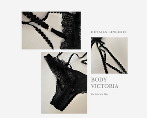 Détails chic du body noir ouvert de la collection Victoria.