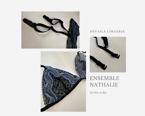 Vente ensemble de lingerie en dentelle noir et bleu pour femme de la collection Nathalie, disponible en taille S/M et L/XL.