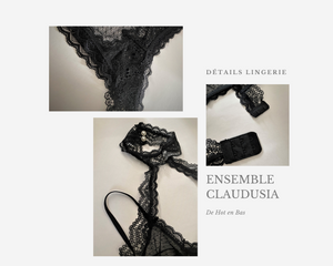 Détails de l'ensemble de lingerie coquine est chic Claudusia en dentelle noire douce.