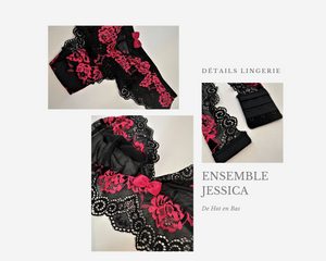 Détails de lingerie sur cet ensemble Jessica de couleur noir et rose en dentelle douce et transparente.