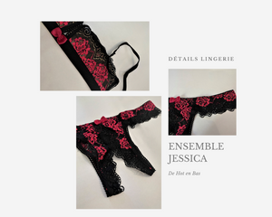 Détails chic et érotique pour cet ensemble de lingerie noir et rose Jessica.