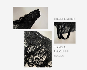 Vente tanga noir en dentelle fine de la collection Camille.