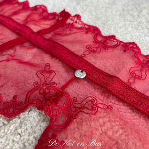 Le porte-jarretelles très sexy de la marque Obsessive dispose d'un petit pendentif bijou argenté avec le logo de la marque sur l'avant de la lingerie en dentelle rouge Lonesia.