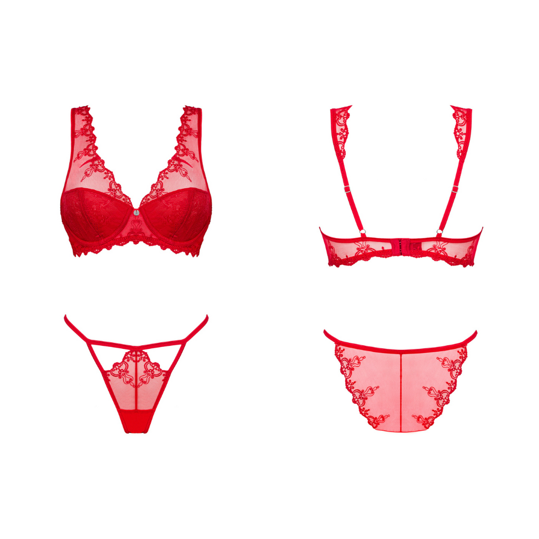 Cet ensemble de lingerie deux pièces en dentelle rouge est disponible sur notre boutique en ligne au meilleur prix.