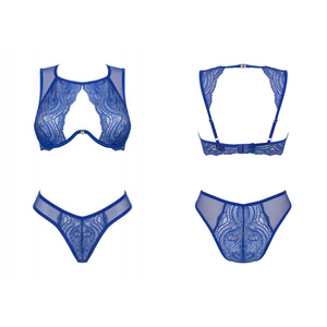 L'ensemble de lingerie en dentelle de la collection Gisela est fabriqué en dentelle bleue douce et fine avec une armature en continue sous la poitrine pour un galbe parfait.