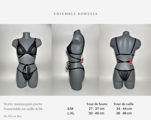 Notre ensemble Bowessa est disponible en taille S/M et L/XL pour femme. Cet ensemble de lingerie est fabriqué à partir de tissus élastiques pour un confort optimal.