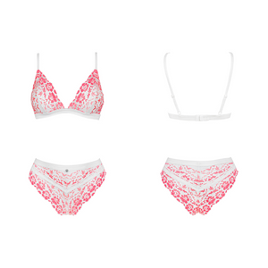 Ensemble de lingerie deux pièces qui comporte un soutien-gorge sans armatures et un shorty en dentelle assorti blanc et rose.
