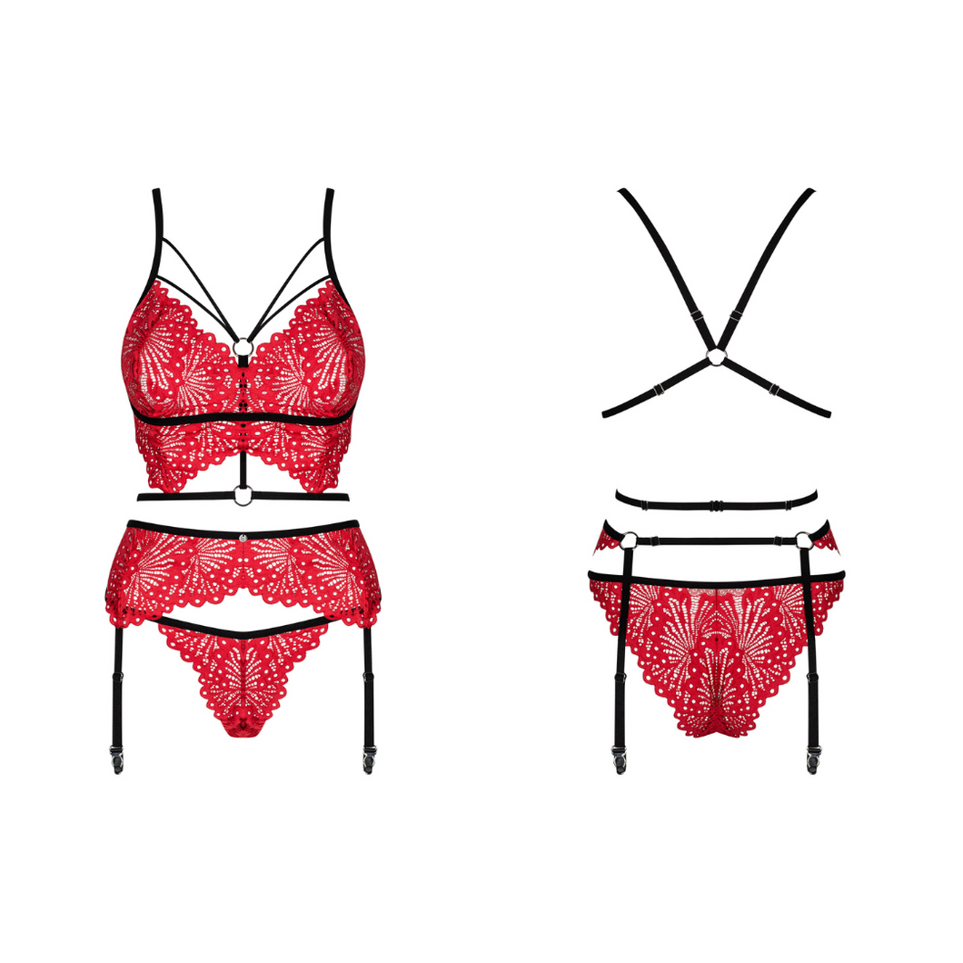 Achat ensemble de lingerie trois pièces de la collection Mettia pour femme en dentelle floral rouge et de lanières noires élastiques.