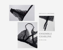 Charger l&#39;image dans la galerie, Ensemble de lingerie en dentelle transparente pour femme de couleur noire de la marque Obsessive avec des détails érotiques chics.
