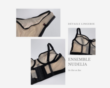 Charger l&#39;image dans la galerie, Ensemble de lingerie demi corset pour femme de couleur beige et noir de la marque Obsessive.
