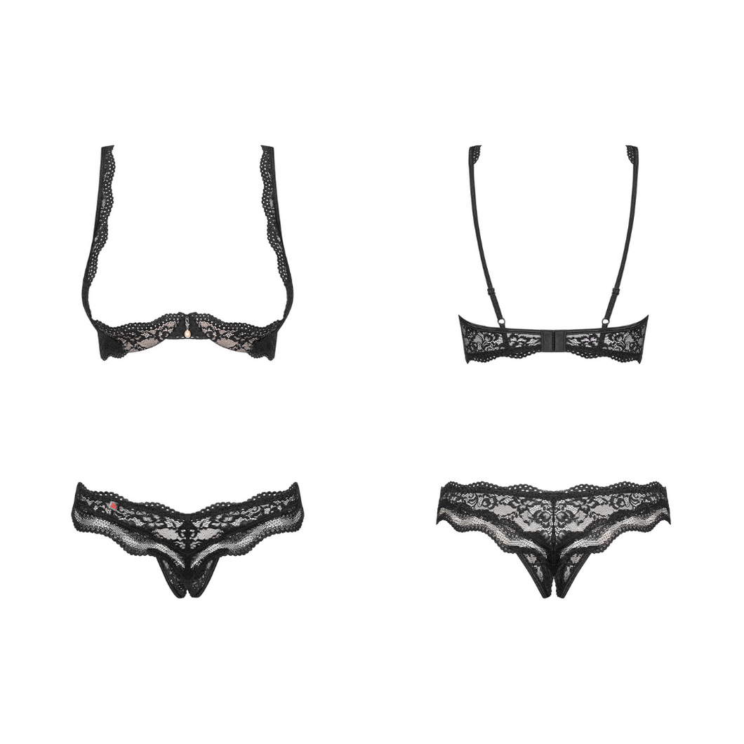 Ce soutien-gorge ouvert sur la poitrine et le string fendu entre les jambe assorti en dentelle noire de la marque Obsessive.