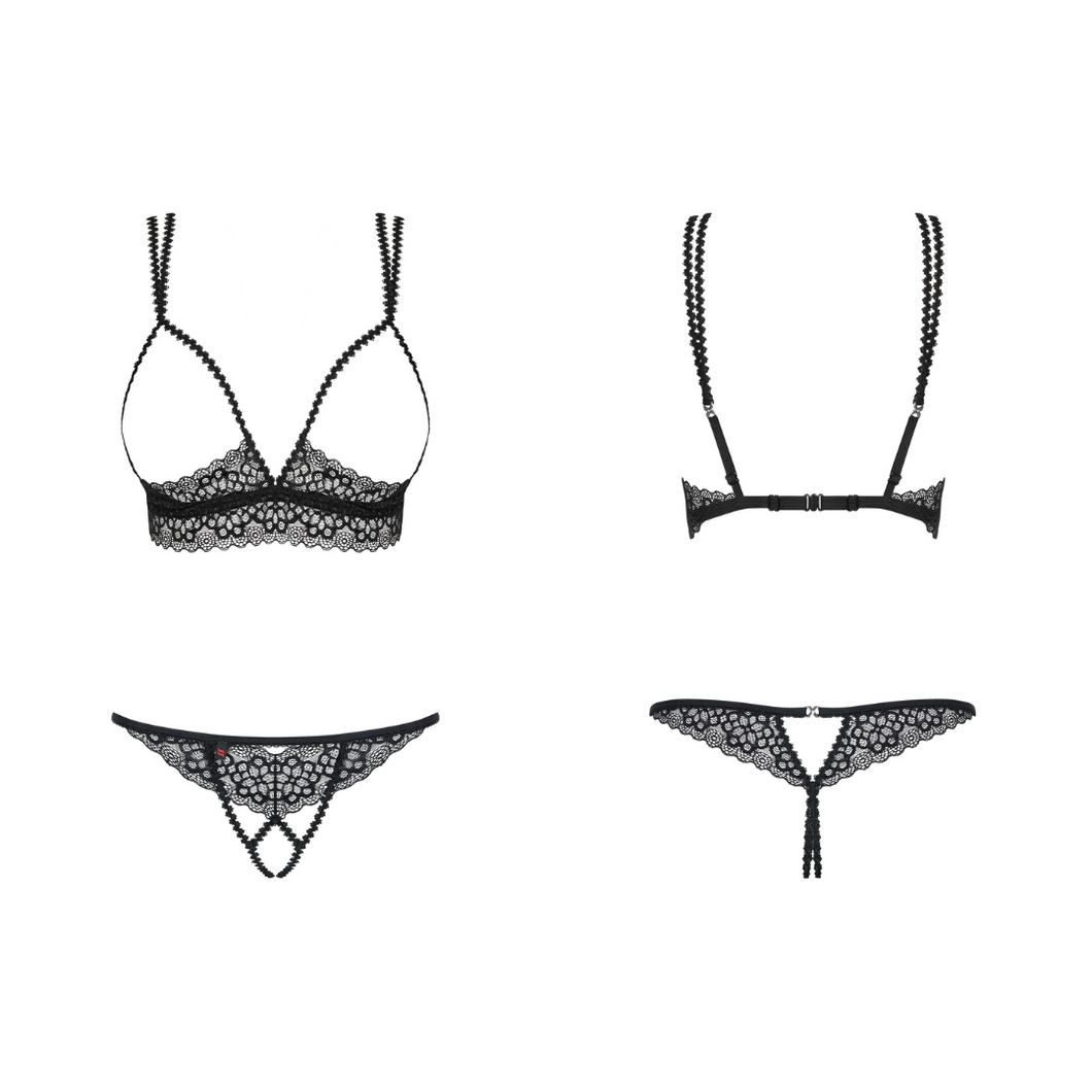 Ensemble deux pièces de lingerie vendu au meilleur prix sur De Hot en Bas comportant un soutien-gorge ouvert sans armature et un string fendu en dentelle floral.
