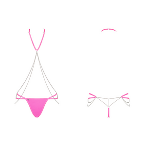 Vente ensemble de lingerie 1 pièce pour femme comprenant un joli string en tissu rose fluo et une chaîne qui relit le cou pour un effet sensuel parfait ! 