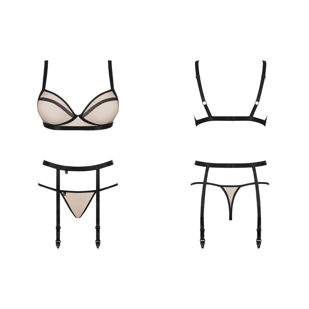 Ensemble de lingerie trois pièces de la collection Nudelia comportant un soutien-gorge en tulle beige et noir, un string assorti et un porte-jarretelles fin élastique et réglable. Disponible sur notre loveshop en ligne au meilleur prix.