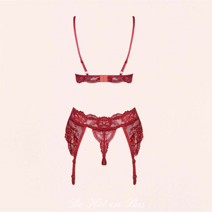 Sublime ensemble de lingerie en dentelle de couleur rouge rubis pour femme.