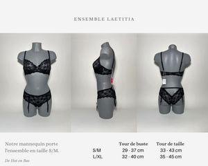 Notre ensemble de la collection Laetitia est disponible en taille S/M et L/XL pour femme, n'hésitez pas à consulter notre guide des tailles pour vos mesures de cet ensemble !