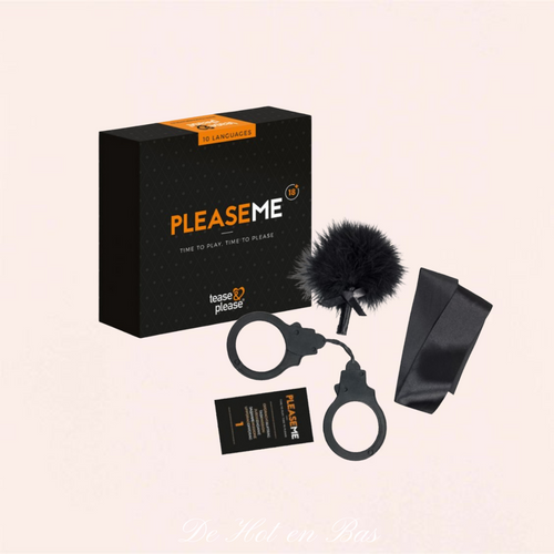 Vente coffret coquin BDSM soft pour couple de la marque Tease and Please qui comporte une paire de menotte, un plumeau doux et un ruban noir satiné.